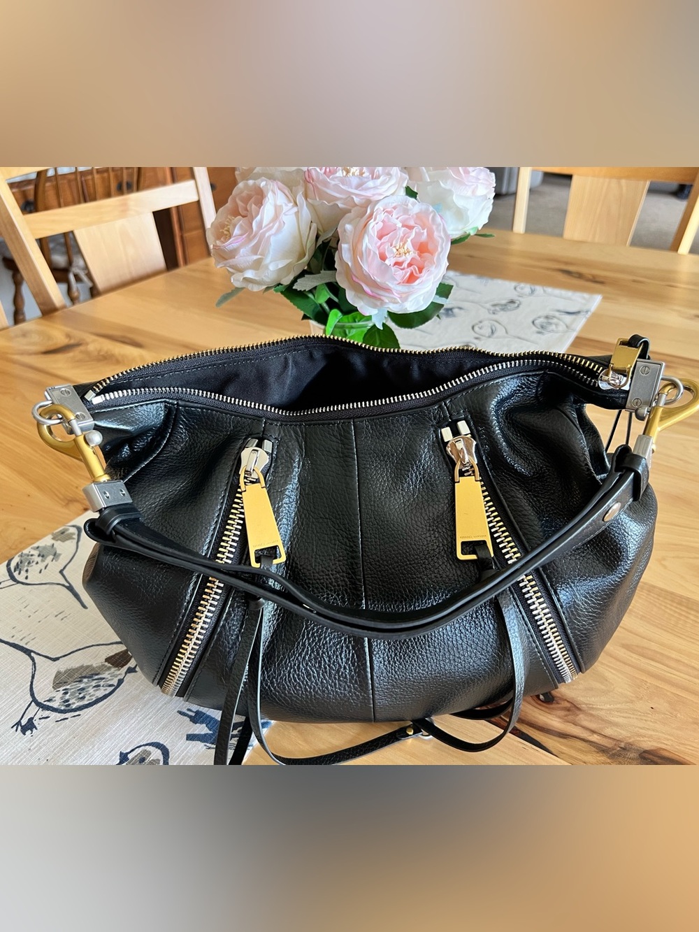 Rebecca Minkoff Moto Double Zip Black Leather Hobo with TWO TONE HARDWARE
